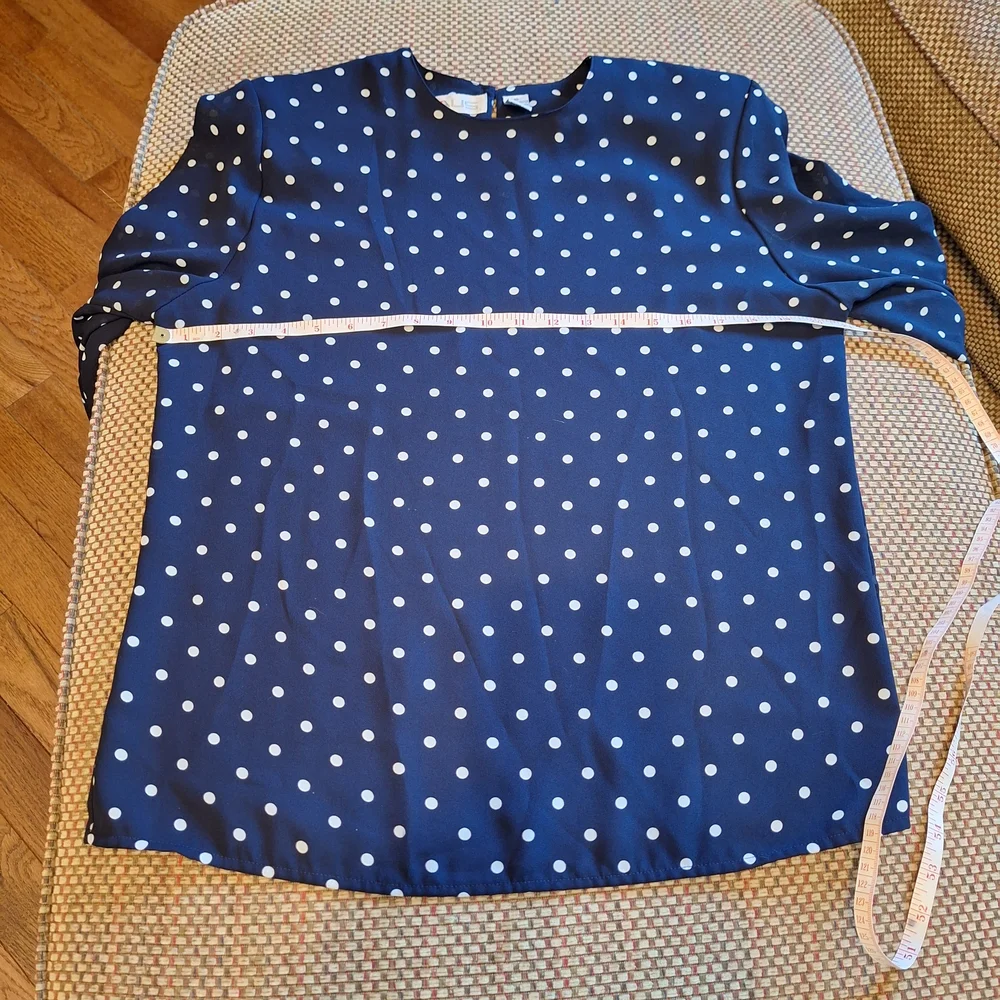 Chaus Vintage Sheer Navy and White Polka Dot Blouse And Adjustable Waist Skirt